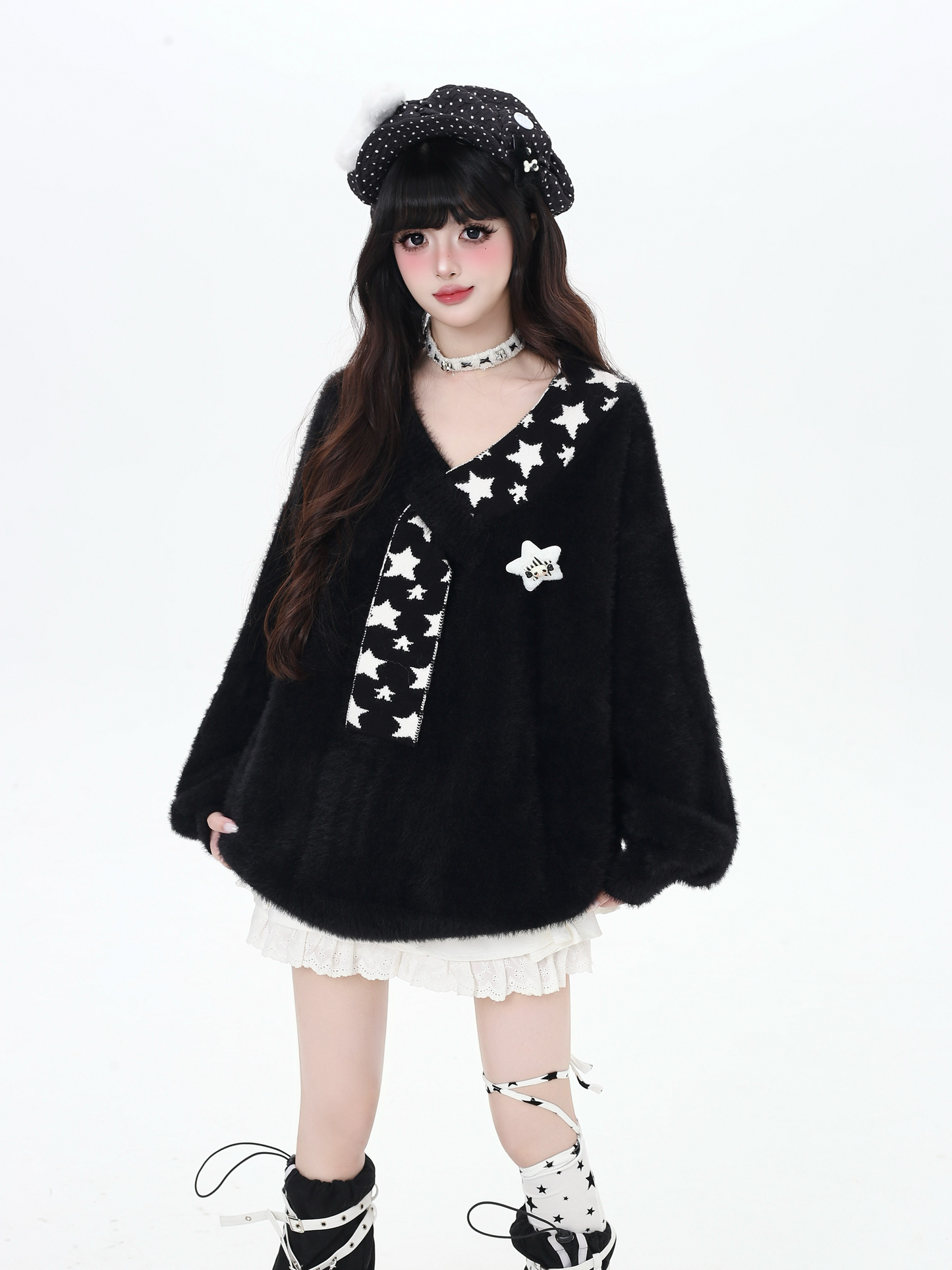 星モチーフフェイクファー重ね着風ニット