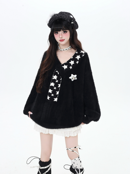 星モチーフフェイクファー重ね着風ニット