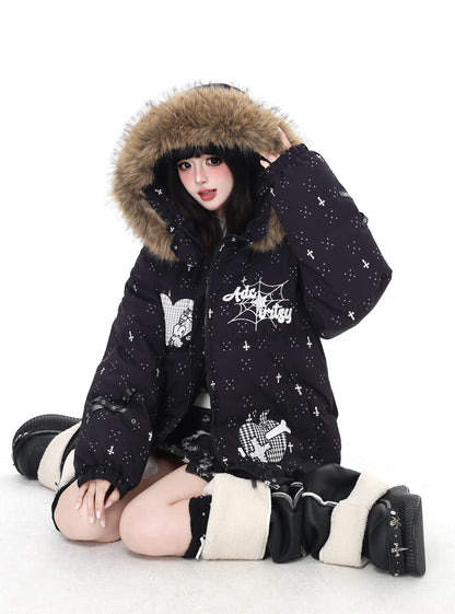 雪柄フード付き取り外し可毛襟コットンジャケット