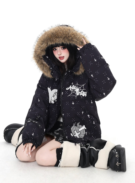 雪柄フード付き取り外し可毛襟コットンジャケット