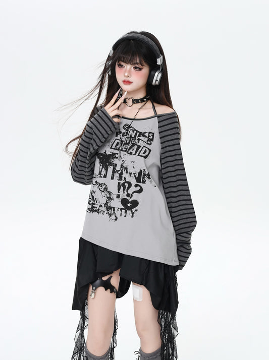 ロック系地雷ストライプホルターネック不規則Tシャツ秋
