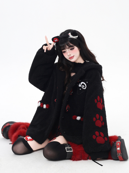 キャットモチーフ刺繍フードボアジャケット