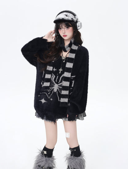 Vネック蝶モチーフふわもこニット＋マフラー