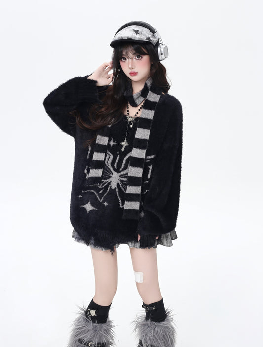 Vネック蝶モチーフふわもこニット＋マフラー