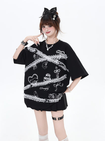 レースフリル＆カートゥーン！黒白ゆるTシャツ