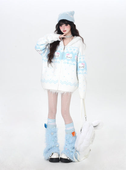 フェアアイル 猫モチーフ ニットフーディー