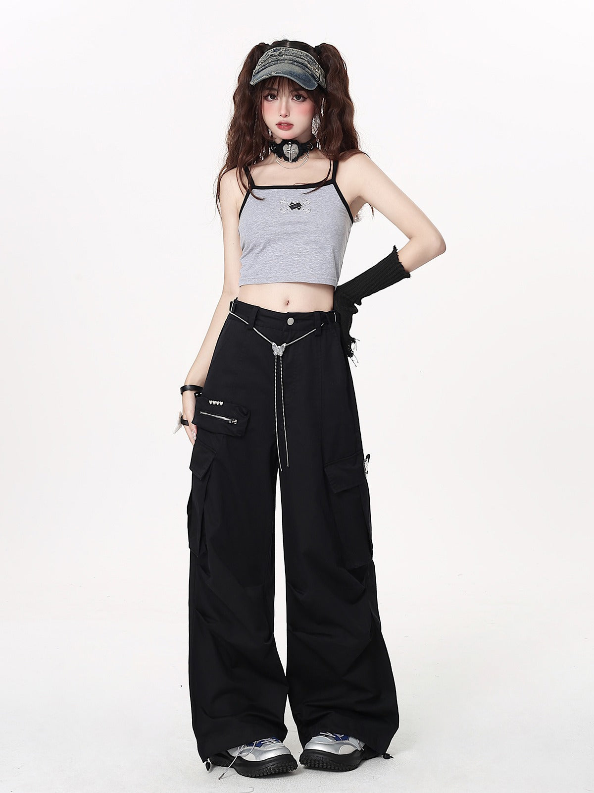 American style vintage work pants with waist chain
