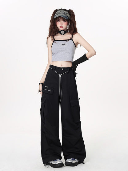 American style vintage work pants with waist chain