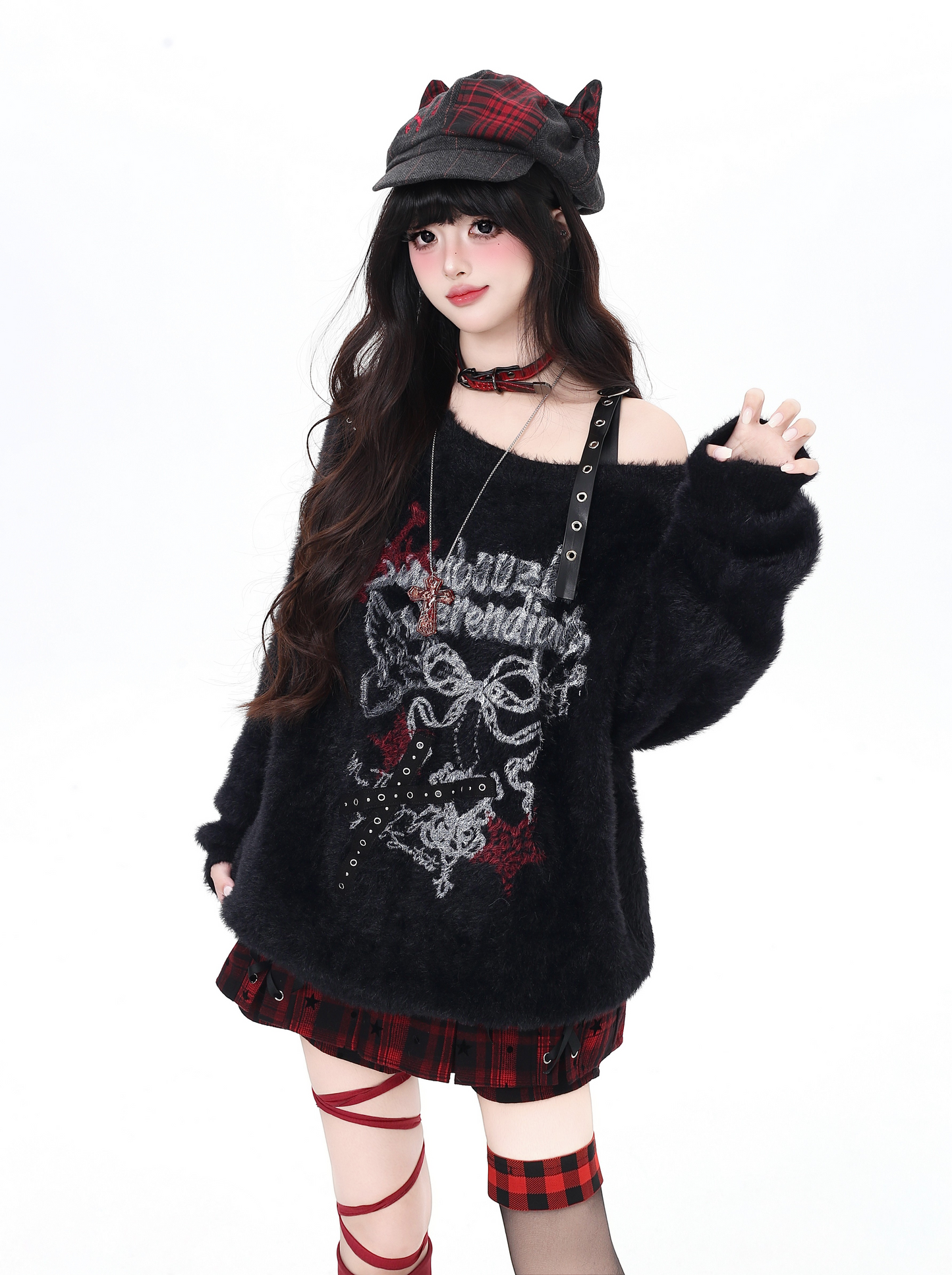 リボンオフショルフェイクファーニット