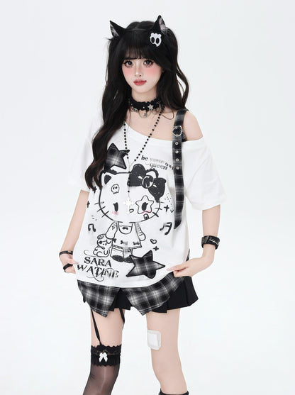 ネコ柄×チェック肩あきTシャツ