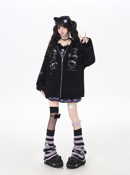 地雷系ダークキャット 黒グレーゆるパーカー 秋のジップアップ