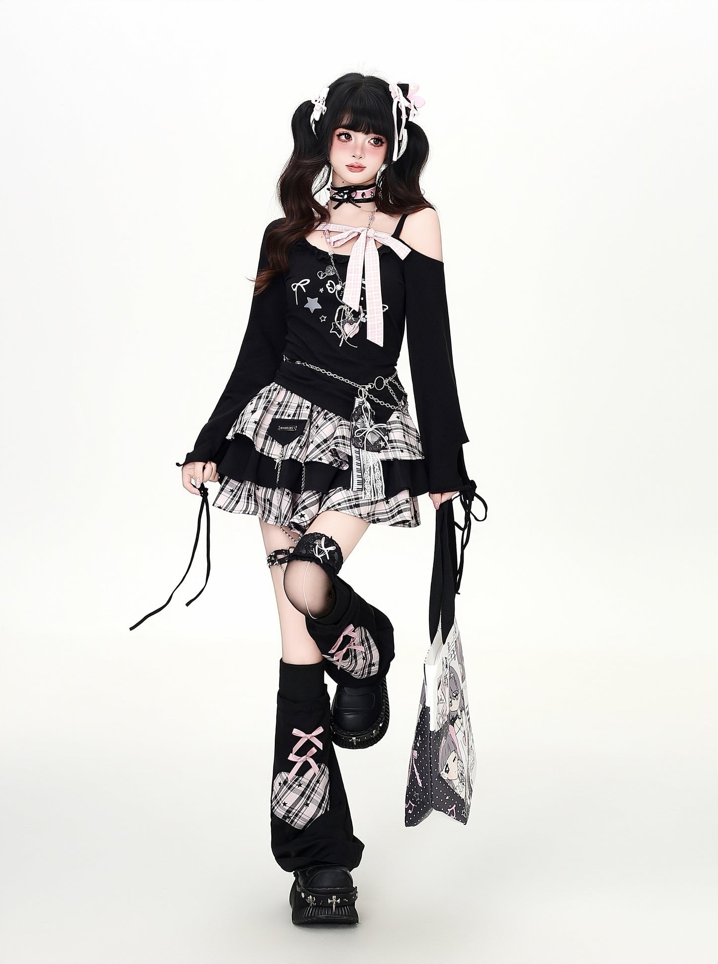 リボンレースアップオフショルロンT