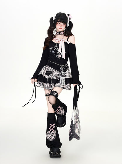 リボンレースアップオフショルロンT