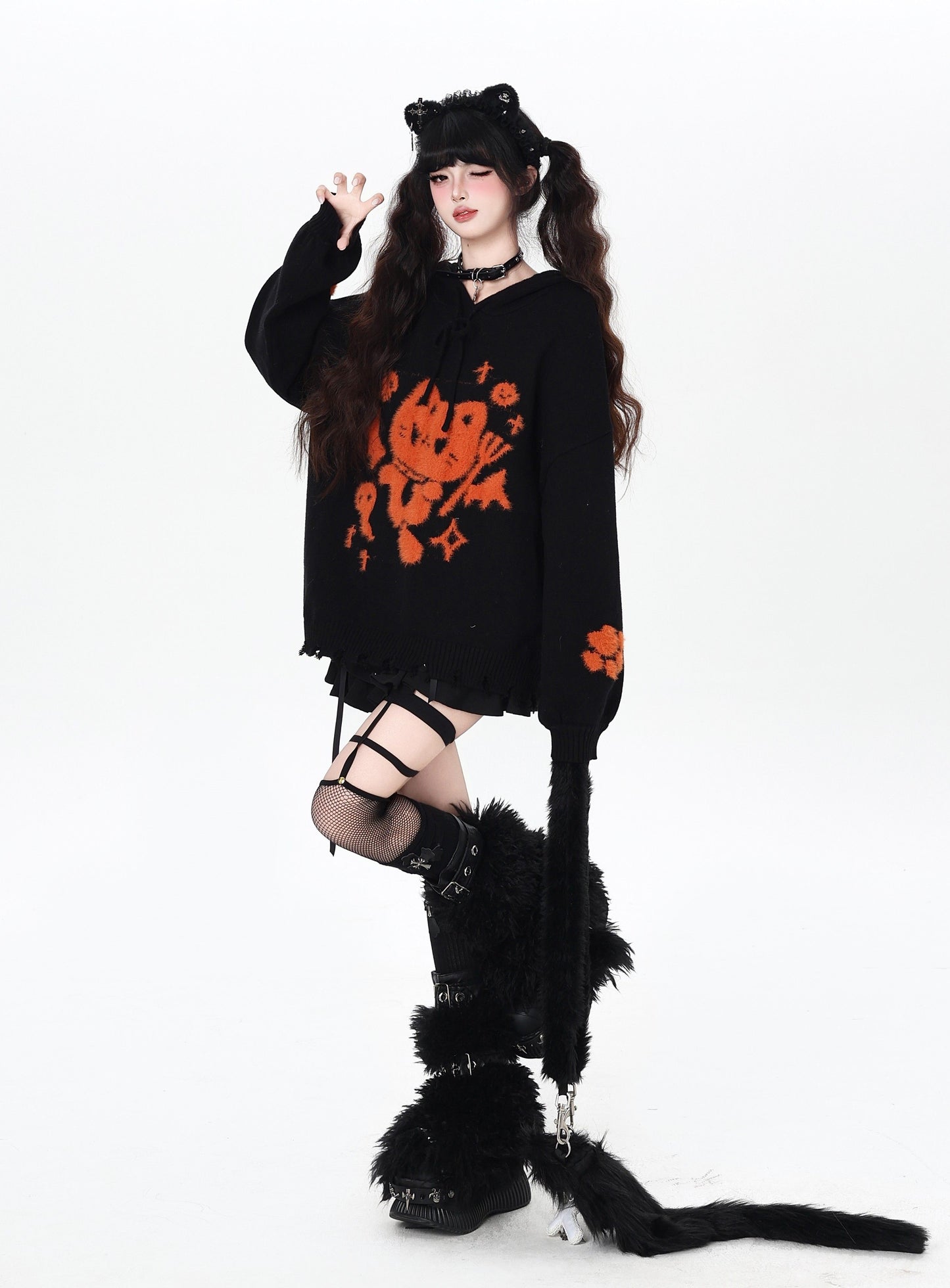 ねこモチーフ フード付きルーズニット｜黒×グレー サブカル