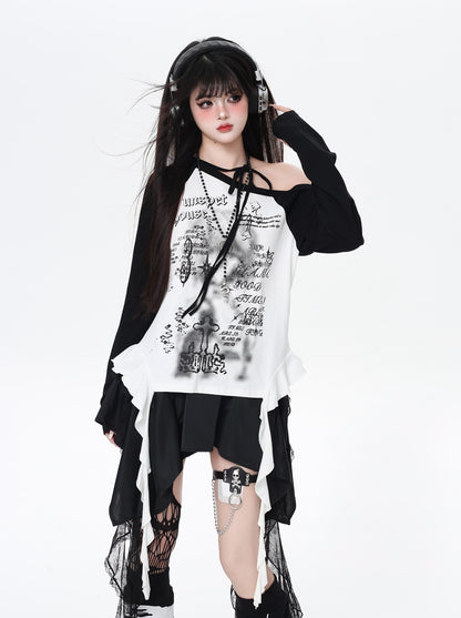 レトロY2K斜め肩ホルターネック配色ゆる細見えTシャツ秋