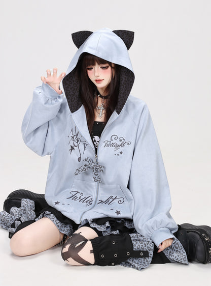 レオパード柄ねこ耳音符刺繍ジップパーカー