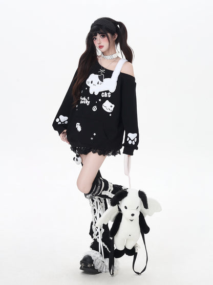 猫柄ふわもこオフショルスウェット