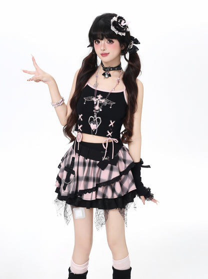 ドット×チェックふんわりティアードスカート