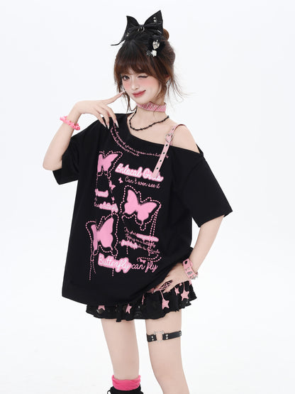 蝶々モチーフオフショルダーTシャツ