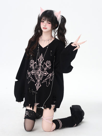 ゴシック破れチェーンVネックニット