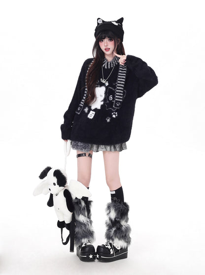 ふわもこ猫柄ニット＋マフラー付き