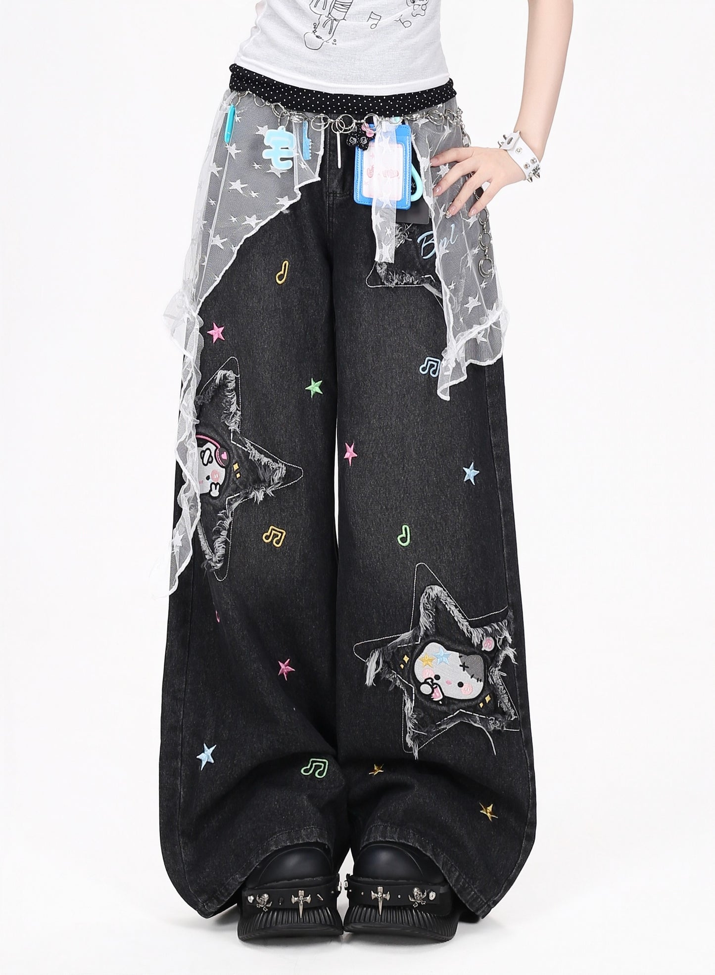 ねこちゃん星刺繍フリンジデニムパンツ