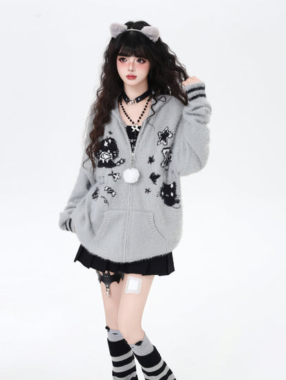 うさ耳フーディー付きゆるカワカーディガン秋冬