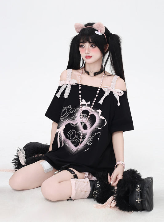 オフショルレースリボンTシャツ