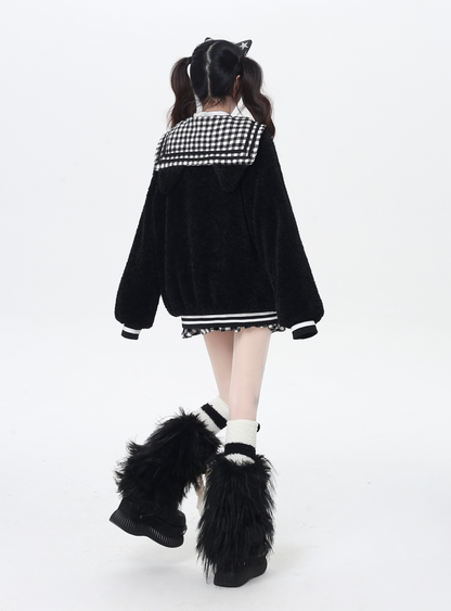 チェックセーラー襟ボアジャケット