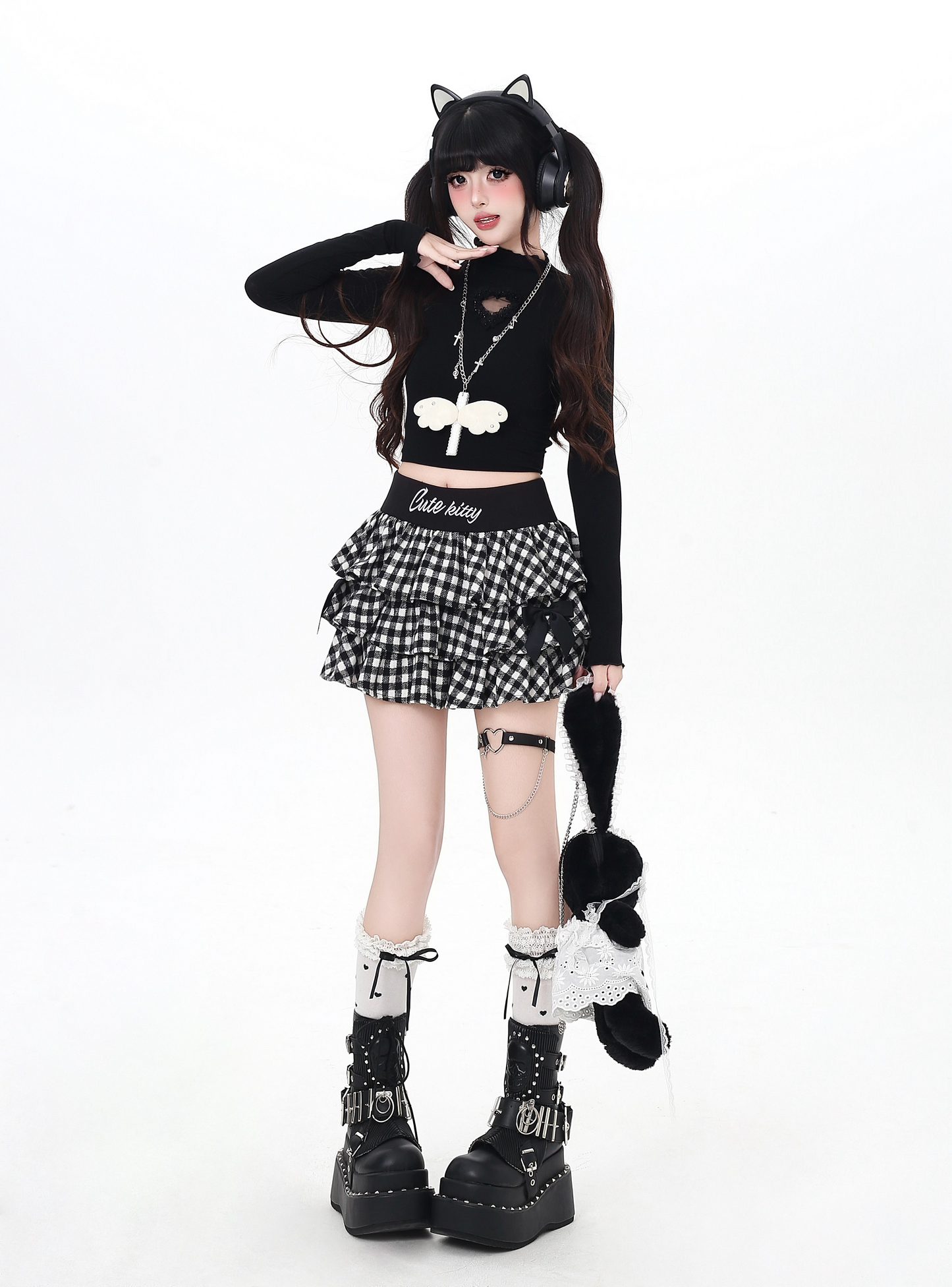 チェック刺繍リボンフレアスカート