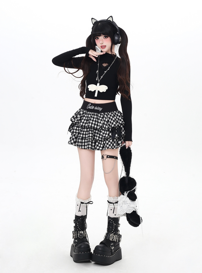 チェック刺繍リボンフレアスカート