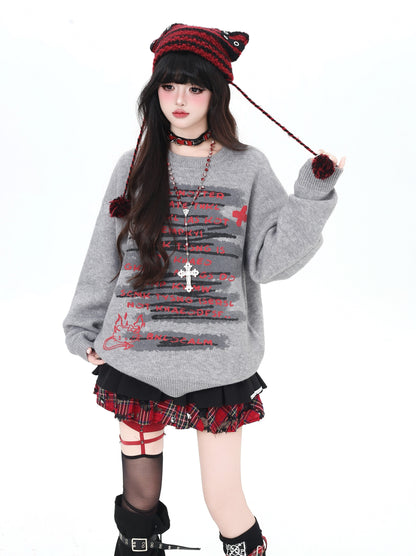 ゴシック猫ニット｜黒×グレーのゆる甘クールコーデ