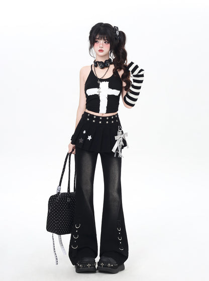 オリジナル地雷風フェイクレイヤード美脚デニムパンツ