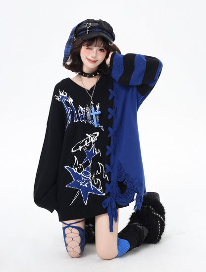 ゆるギャル系 Vネック配色リボンニット♡秋冬甘辛ミックス