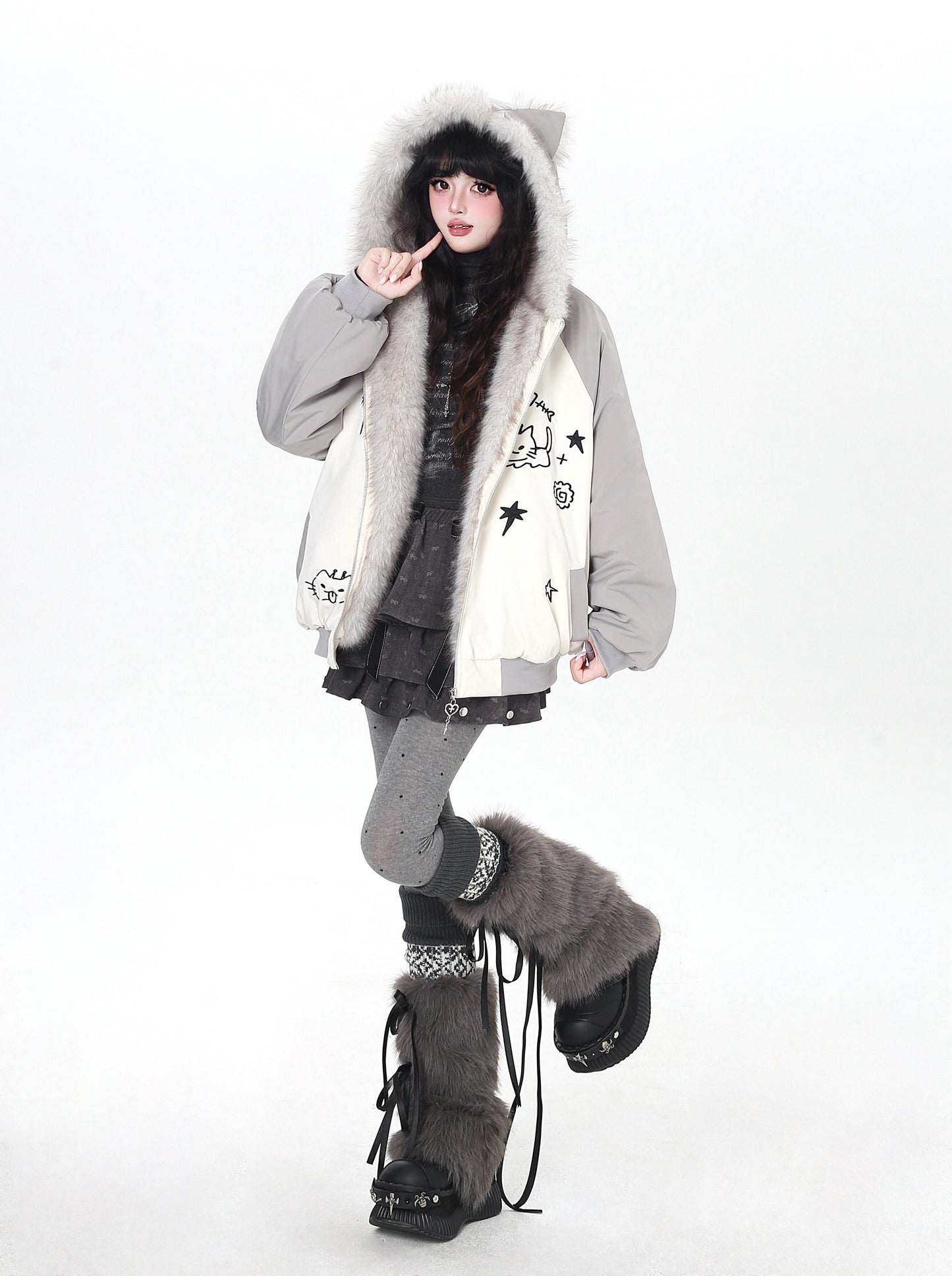 猫耳刺繍 ボリューム中綿アウター