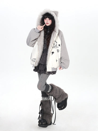 猫耳刺繍 ボリューム中綿アウター