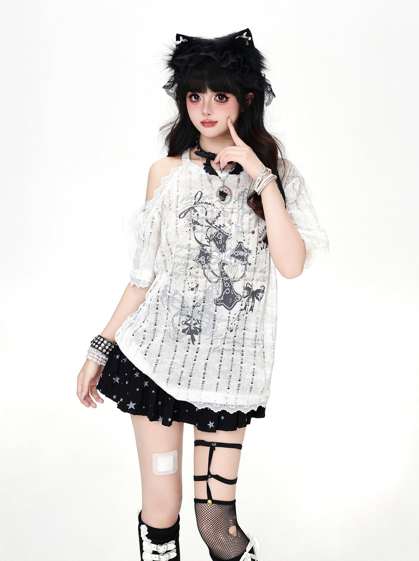 クロスレースオフショルTシャツ
