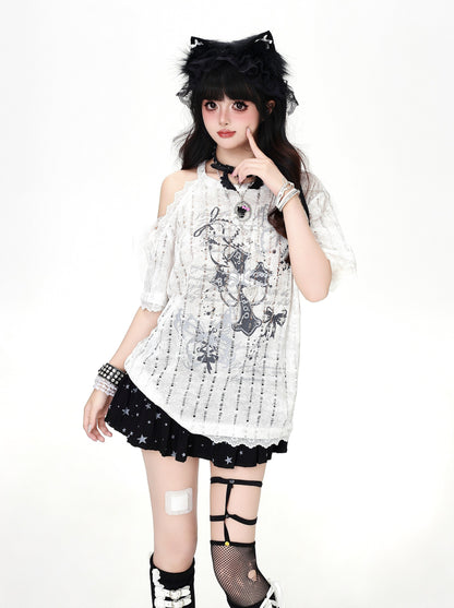 クロスレースオフショルTシャツ