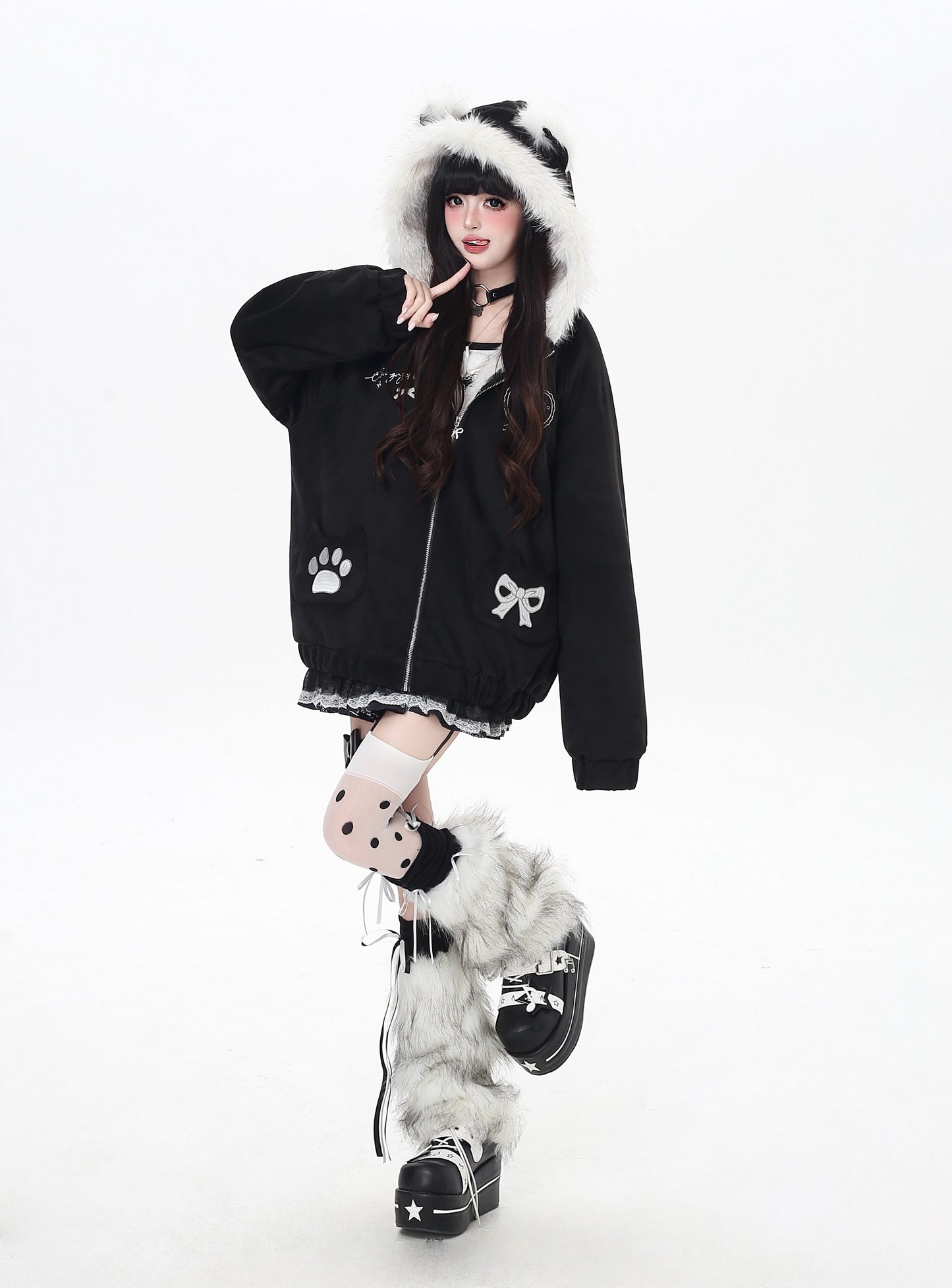 ねこ耳フード付きボアコットンジャケットコーデ