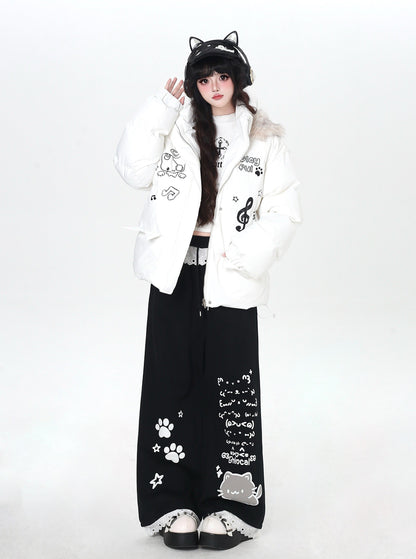 ねこイラスト レース付き ゆるストレートパンツ