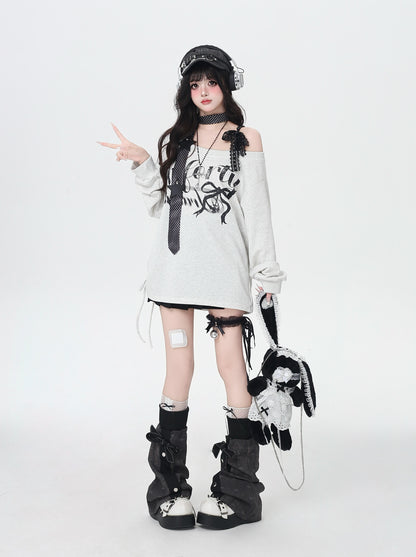 ロゴ×斜めオフショル ゆるスウェット