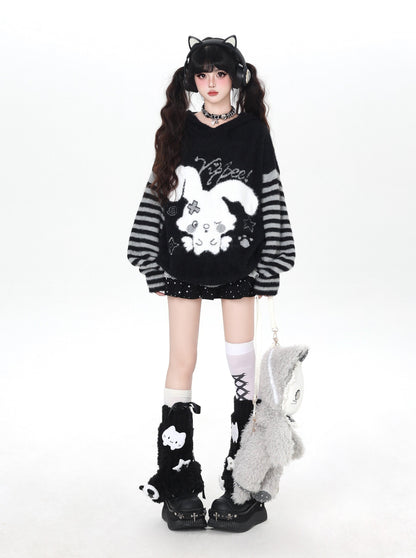 うさ耳フード入り ボーダーゆるニット