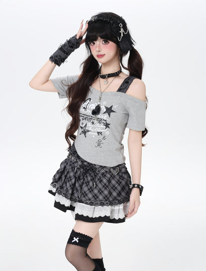 星柄フェイクレイヤード肩出しTシャツ