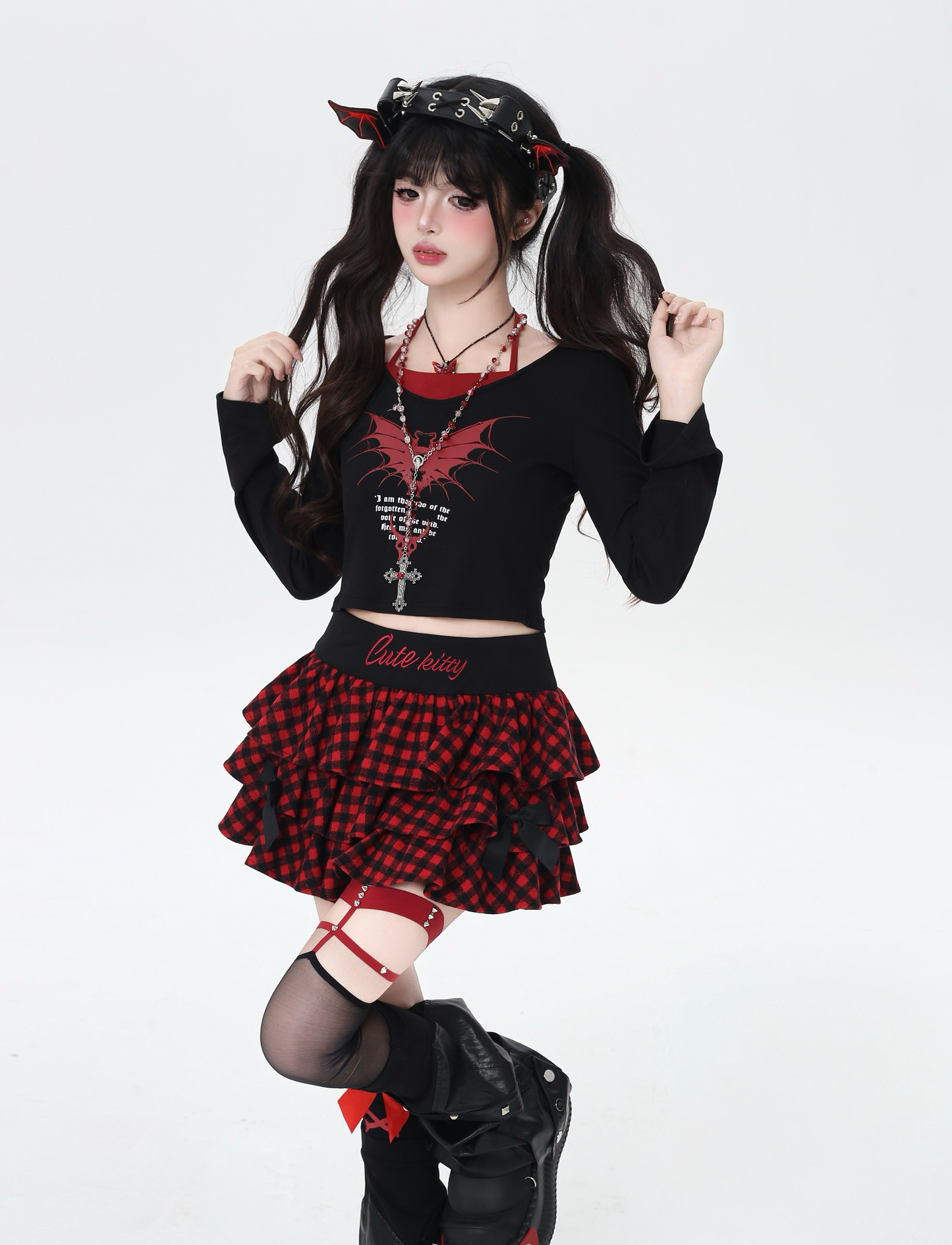 チェック刺繍リボンフレアスカート