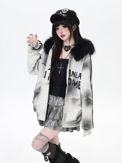 タイダイ×ファー衿取り外しジップアウター