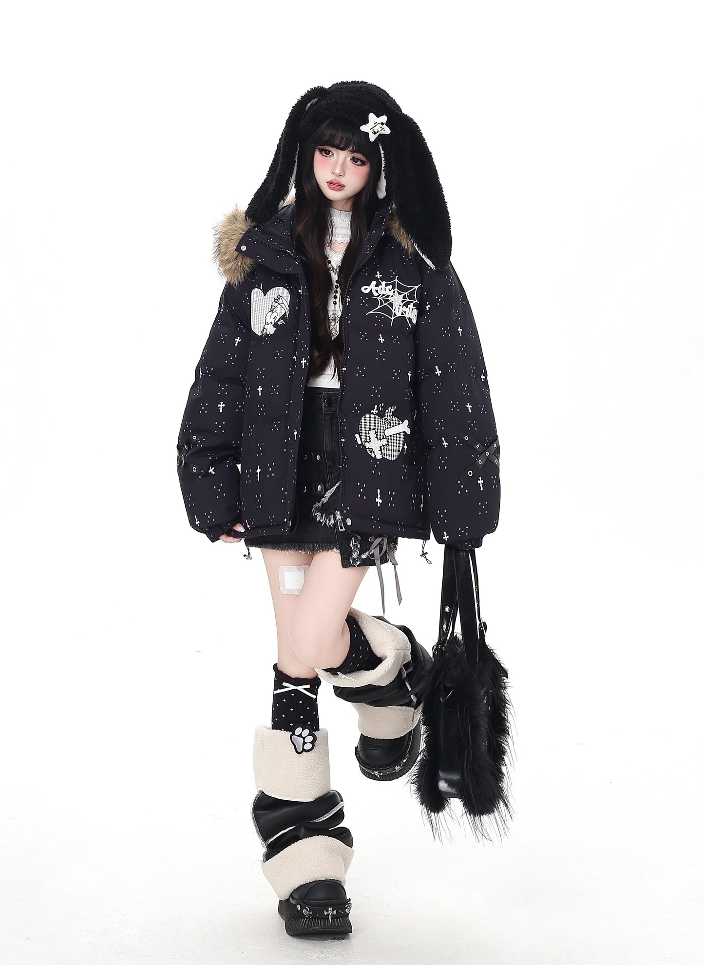 雪柄フード付き取り外し可毛襟コットンジャケット