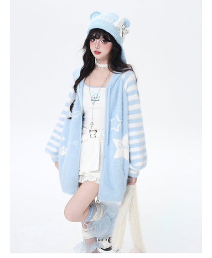 星柄ボーダーVネックフーディーニットカーデ