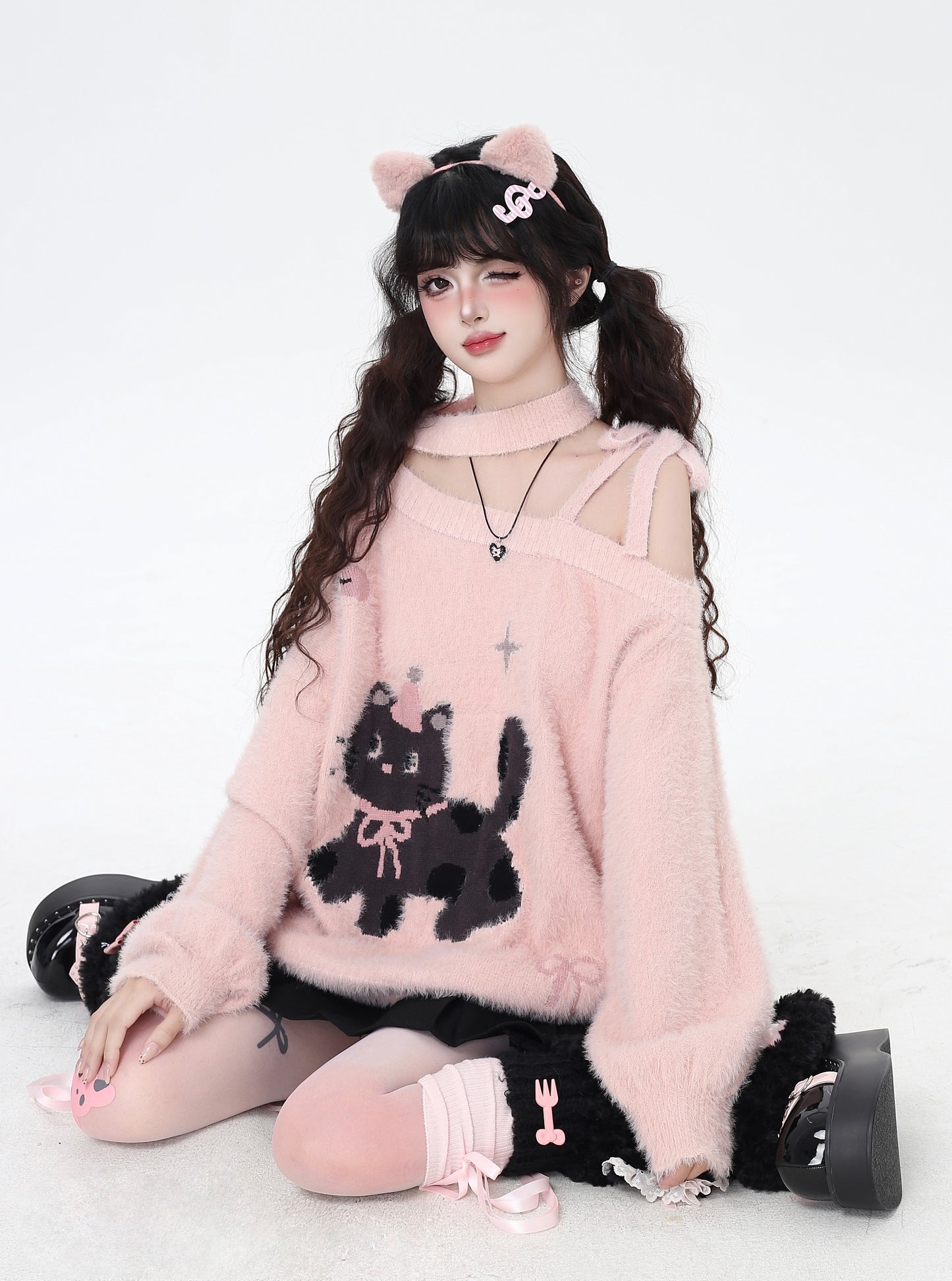 ねこ刺繍オフショルふわもこニット｜ガーリースタイル