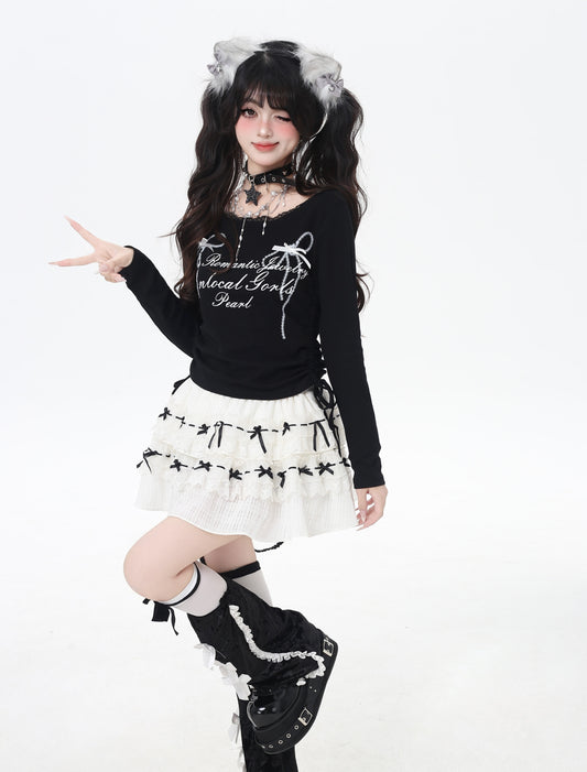 レース×リボン ドロストショートT
