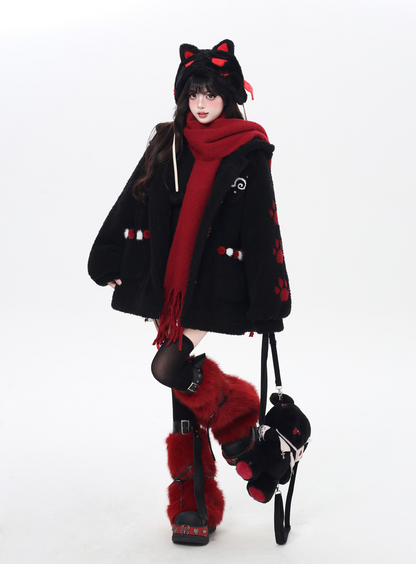 キャットモチーフ刺繍フードボアジャケット